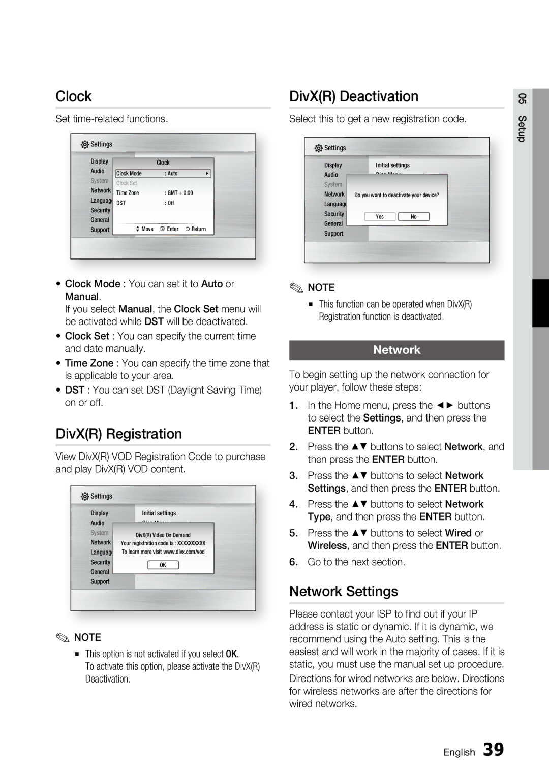 Samsung BD-C6800 user manual Clock, DivXR Registration, DivXR Deactivation, Network Settings 