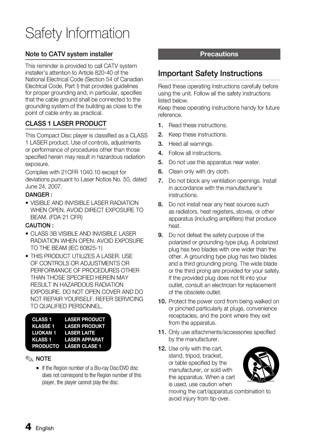 Samsung BD-C6800 user manual Important Safety Instructions, Class 1 Laser product, Precautions 