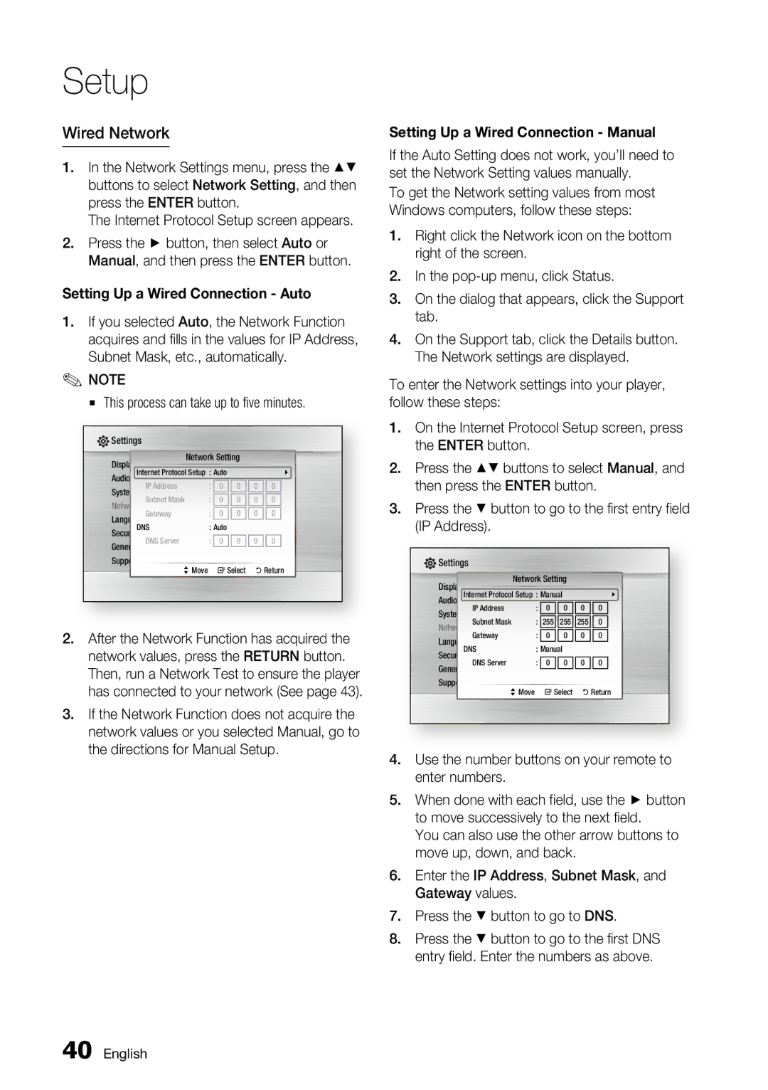 Samsung BD-C6800 user manual Wired Network, This process can take up to five minutes 