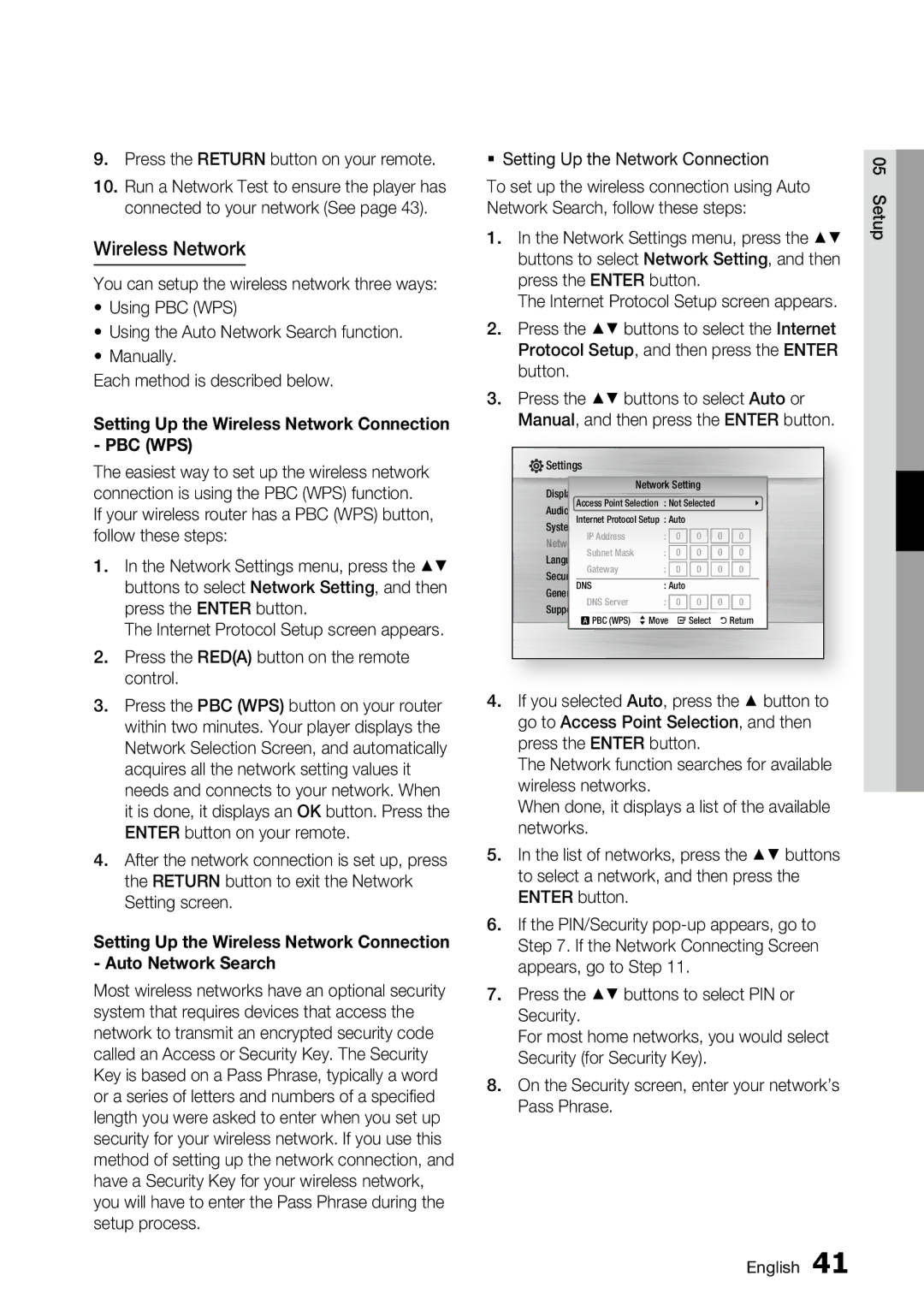 Samsung BD-C6800 user manual Wireless Network, Press the Return button on your remote,  Setting Up the Network Connection 