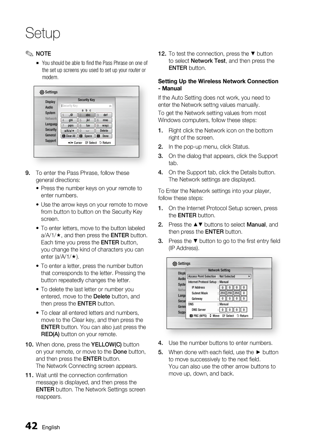 Samsung BD-C6800 Right of the screen, Tab, Network settings are displayed, Use the number buttons to enter numbers 