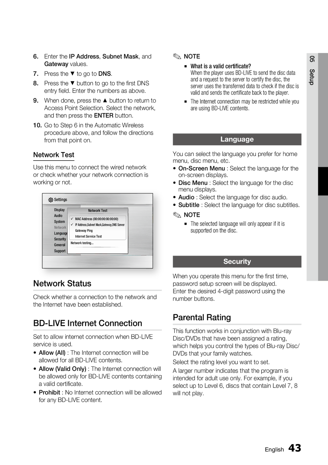 Samsung BD-C6800 user manual Network Status, BD-LIVE Internet Connection, Parental Rating, Language, Security 