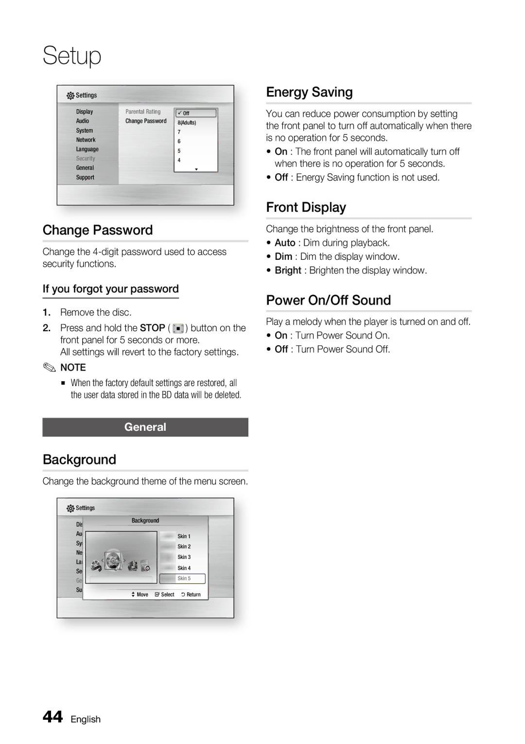 Samsung BD-C6800 user manual Change Password, Background, Energy Saving, Front Display, Power On/Off Sound 