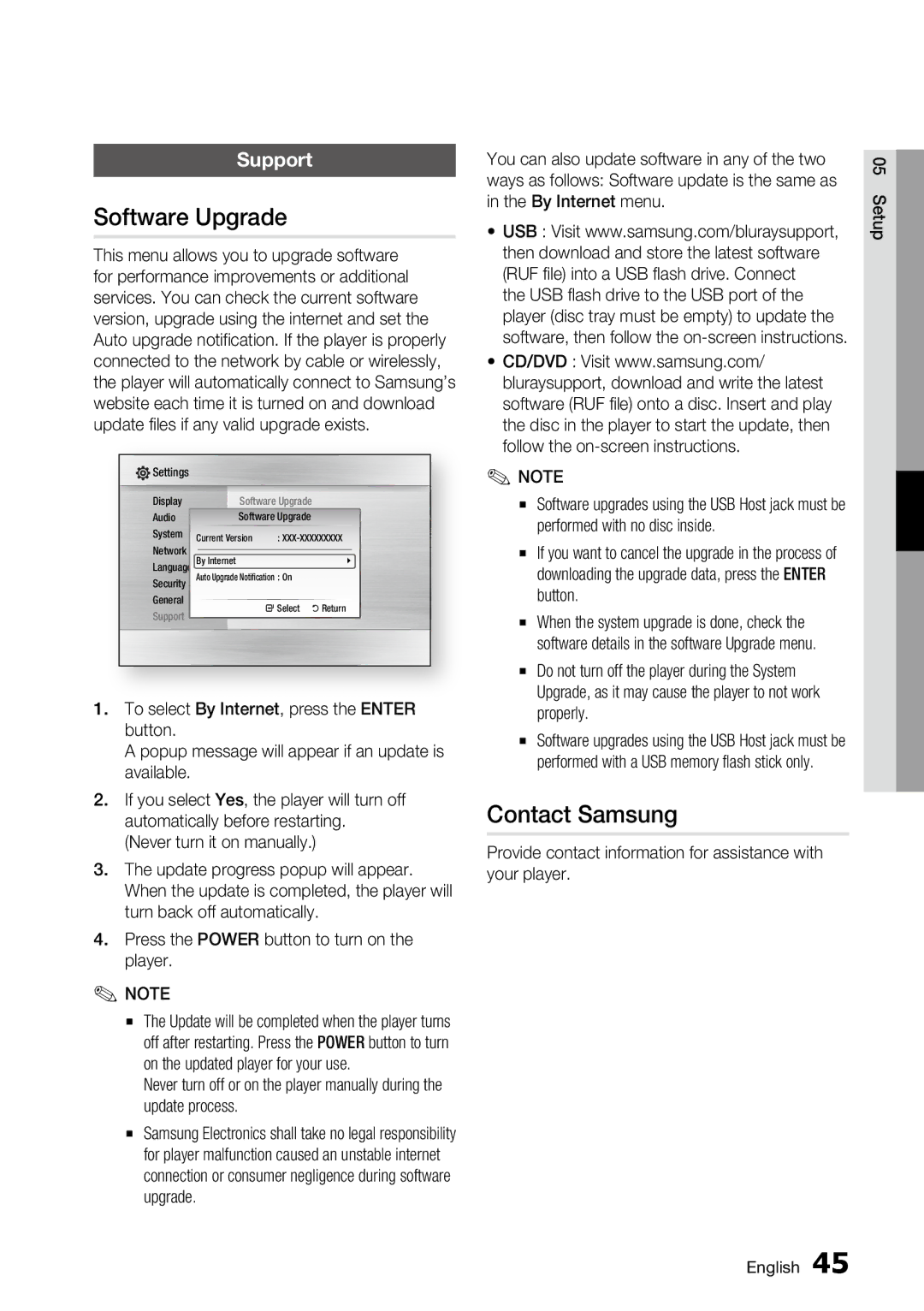 Samsung BD-C6800 Software Upgrade, Contact Samsung, Support, Provide contact information for assistance with your player 