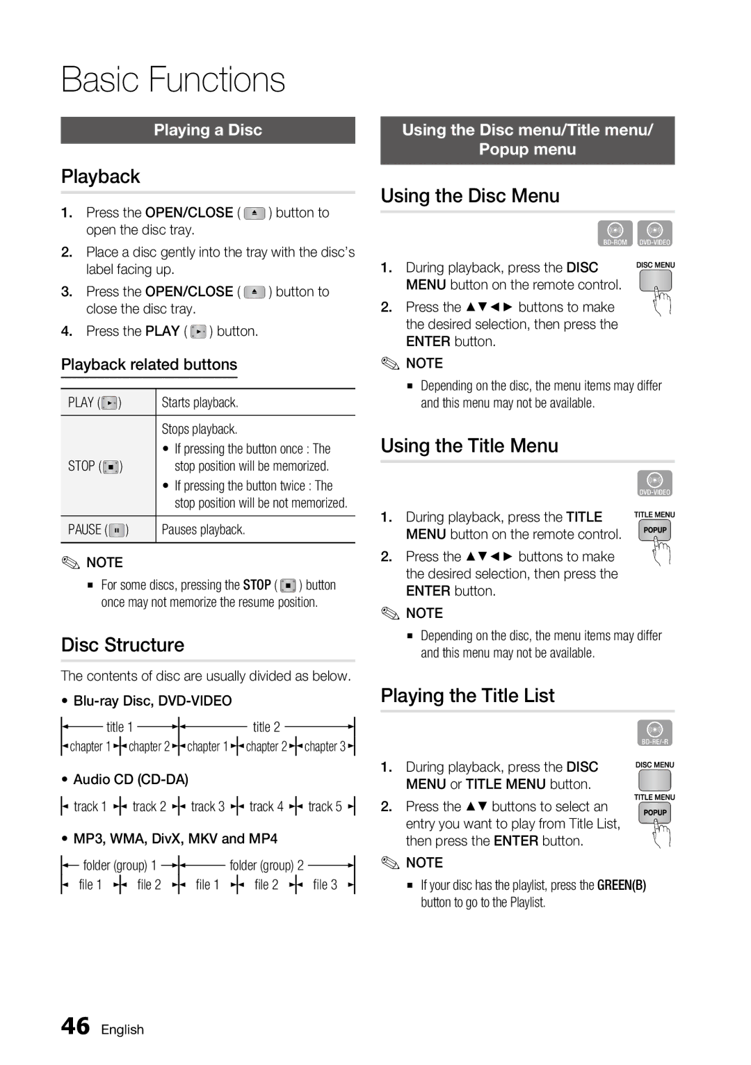 Samsung BD-C6800 user manual Basic Functions 