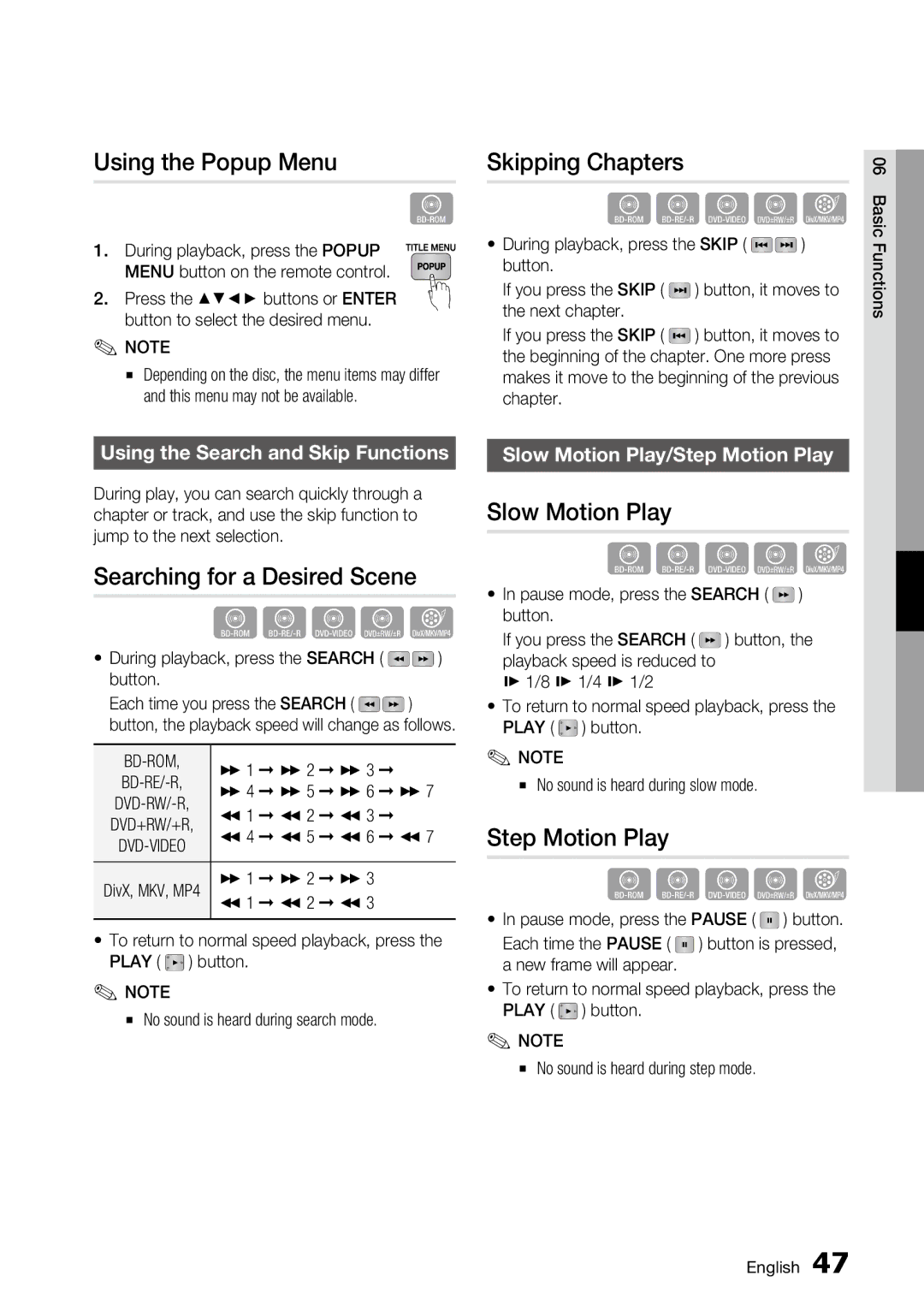 Samsung BD-C6800 user manual Using the Popup Menu, Skipping Chapters, Searching for a Desired Scene, Slow Motion Play 