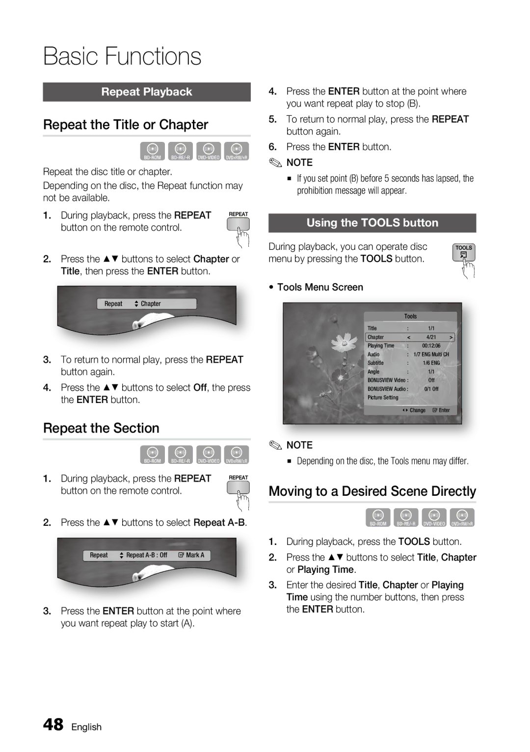 Samsung BD-C6800 Repeat the Title or Chapter, Repeat the Section, Moving to a Desired Scene Directly, Repeat Playback 