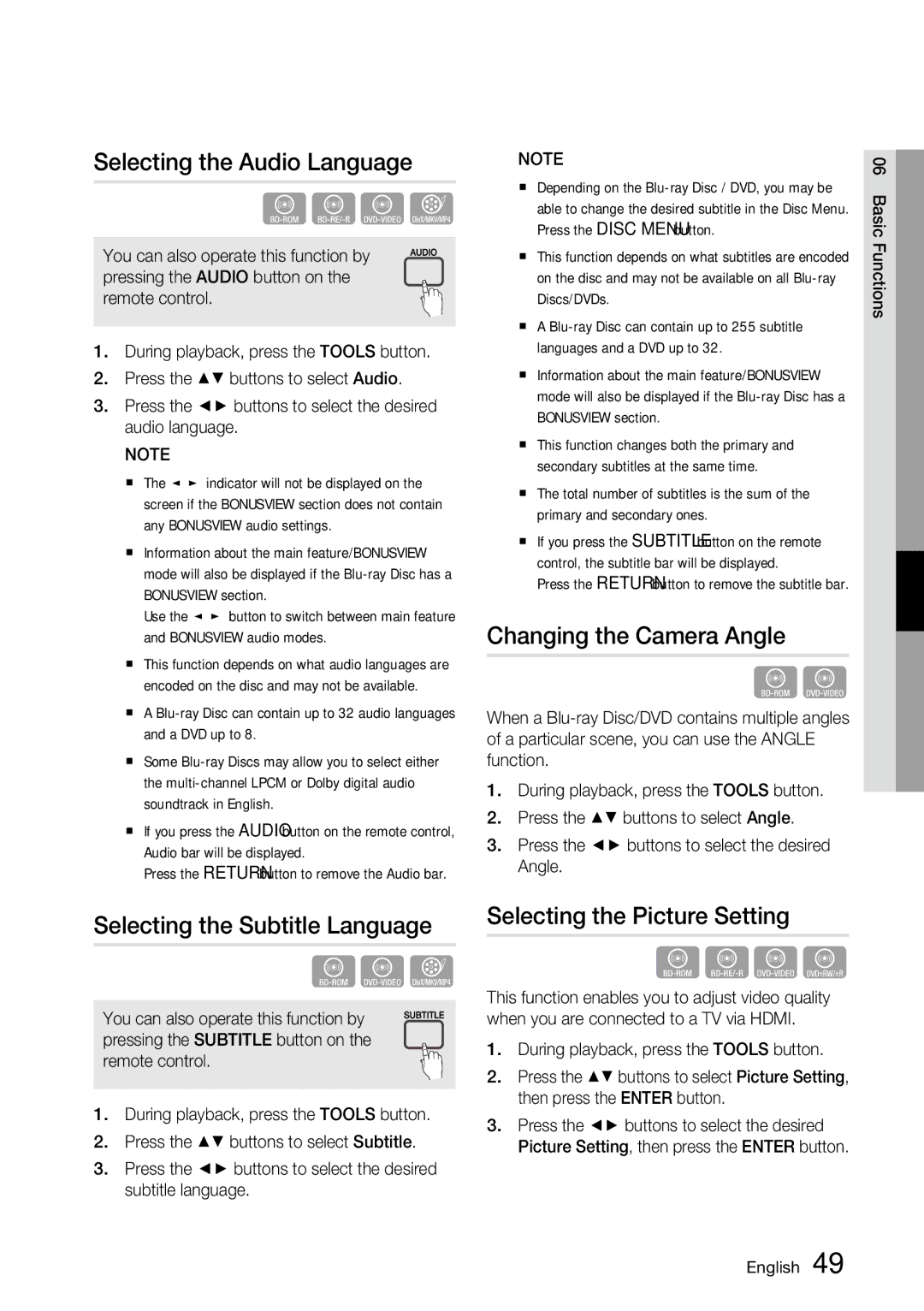 Samsung BD-C6800 user manual Selecting the Audio Language, Selecting the Subtitle Language, Changing the Camera Angle 