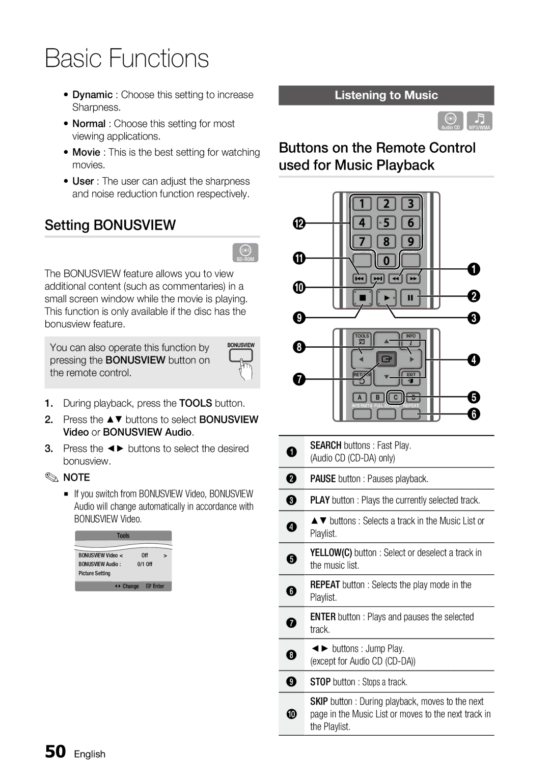 Samsung BD-C6800 user manual Setting Bonusview, Buttons on the Remote Control used for Music Playback, Listening to Music 