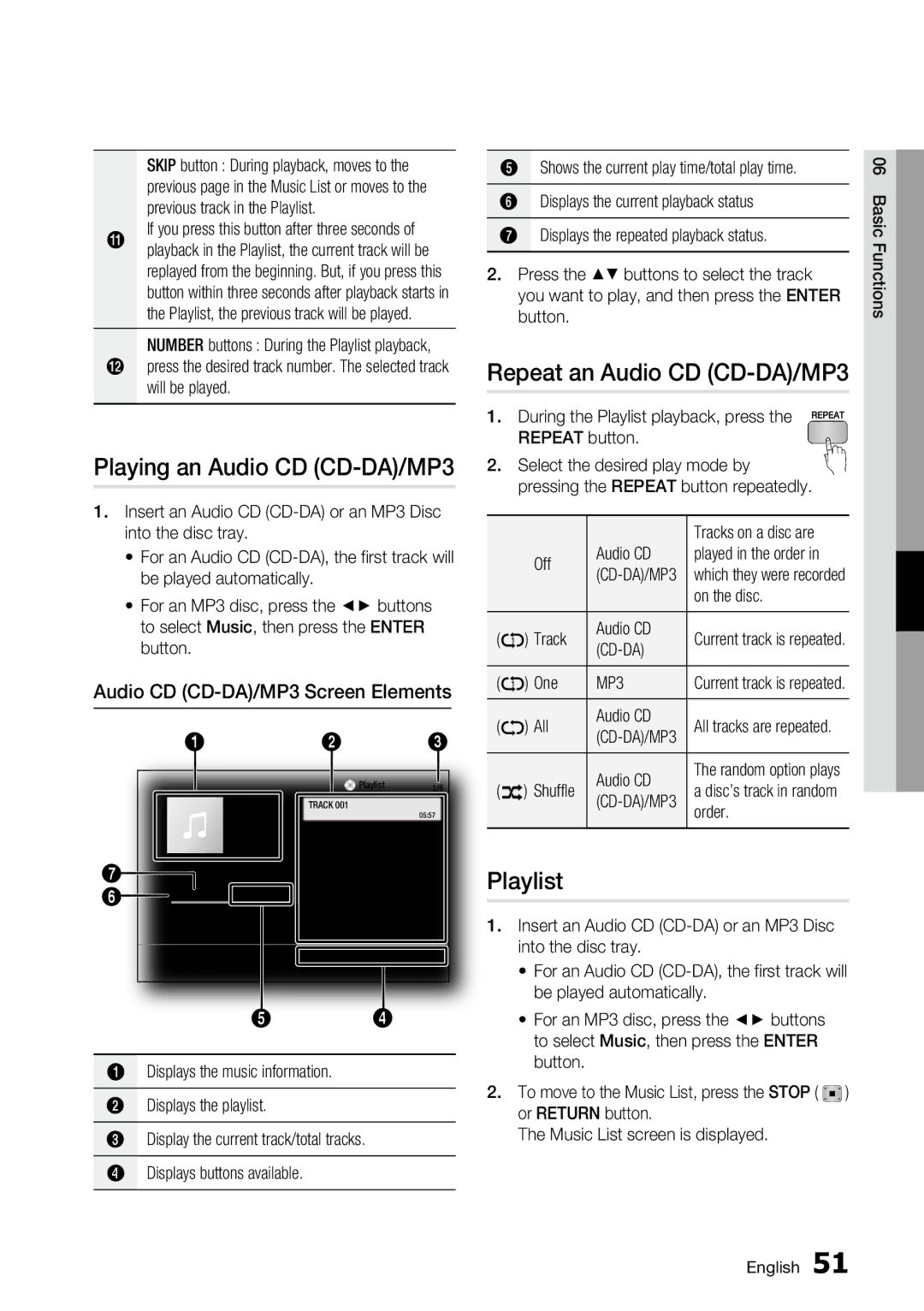 Samsung BD-C6800 Playing an Audio CD CD-DA/MP3, Repeat an Audio CD CD-DA/MP3, Playlist, Audio CD CD-DA/MP3 Screen Elements 