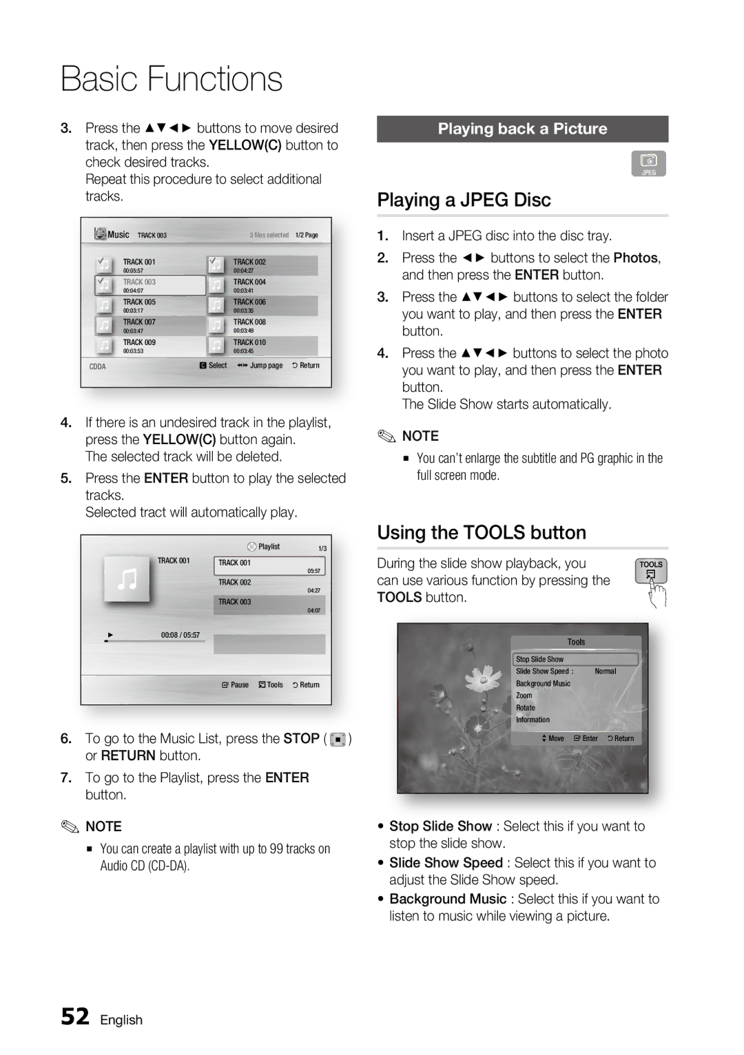 Samsung BD-C6800 user manual Playing a Jpeg Disc, Using the Tools button, Playing back a Picture 