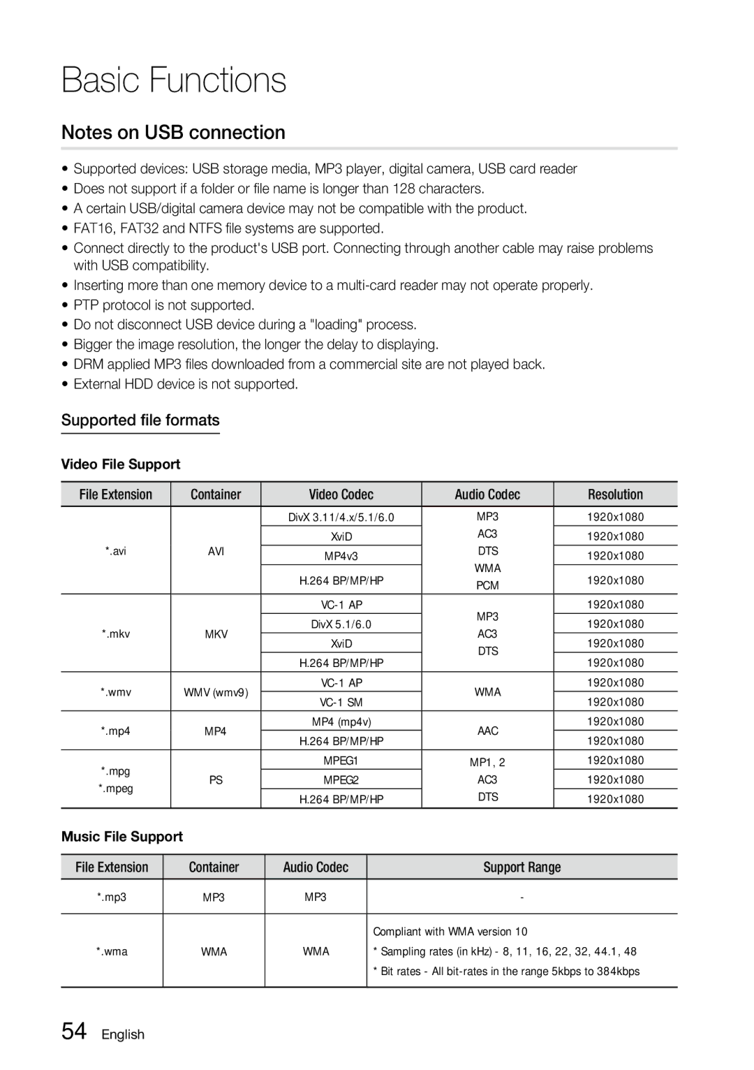 Samsung BD-C6800 user manual Supported file formats, 1920x1080, Compliant with WMA version 