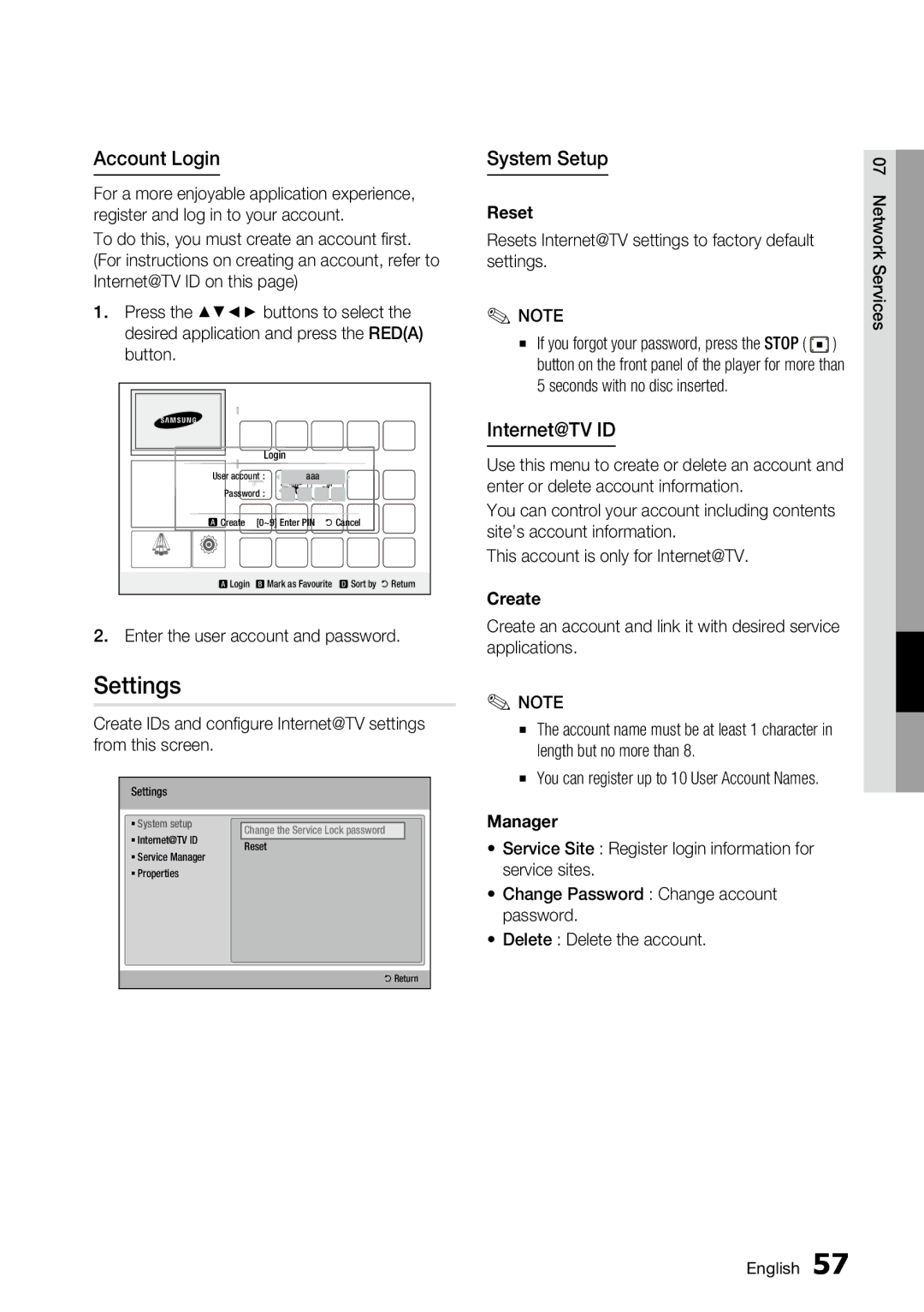 Samsung BD-C6800 user manual Settings, Account Login, System Setup, Internet@TV ID 