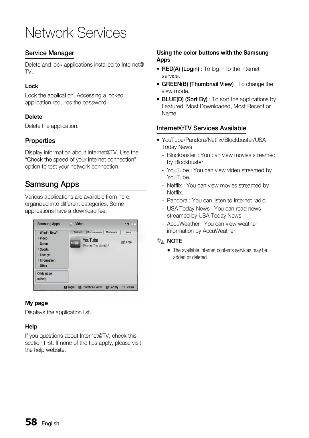 Samsung BD-C6800 user manual Samsung Apps, Service Manager, Properties, Internet@TV Services Available 