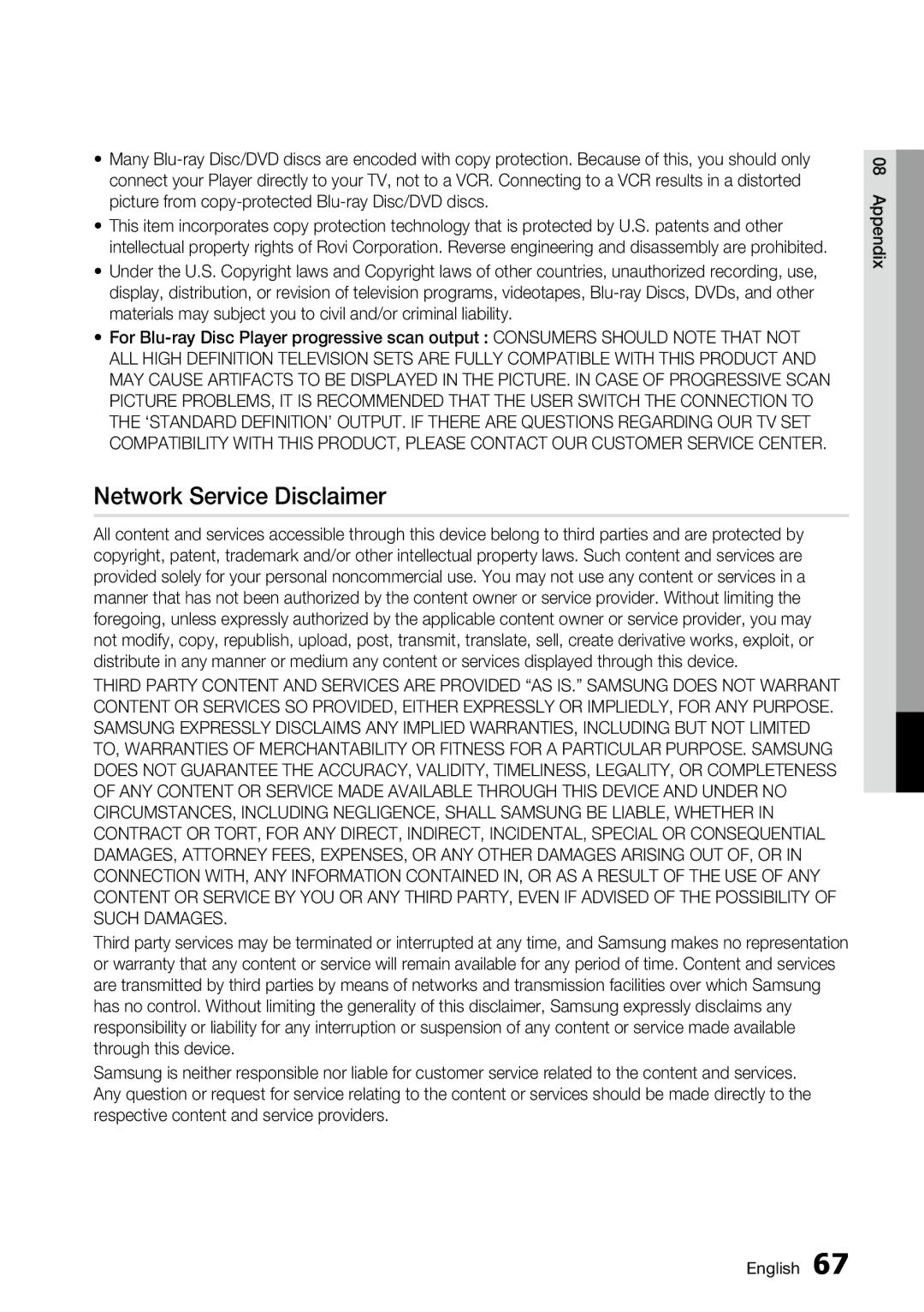 Samsung BD-C6800 user manual Network Service Disclaimer 