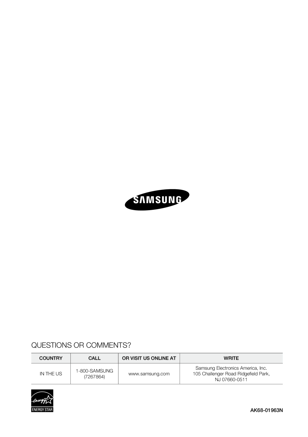 Samsung BD-C6800 user manual Questions or COMMENTS?, AK68-01963N 