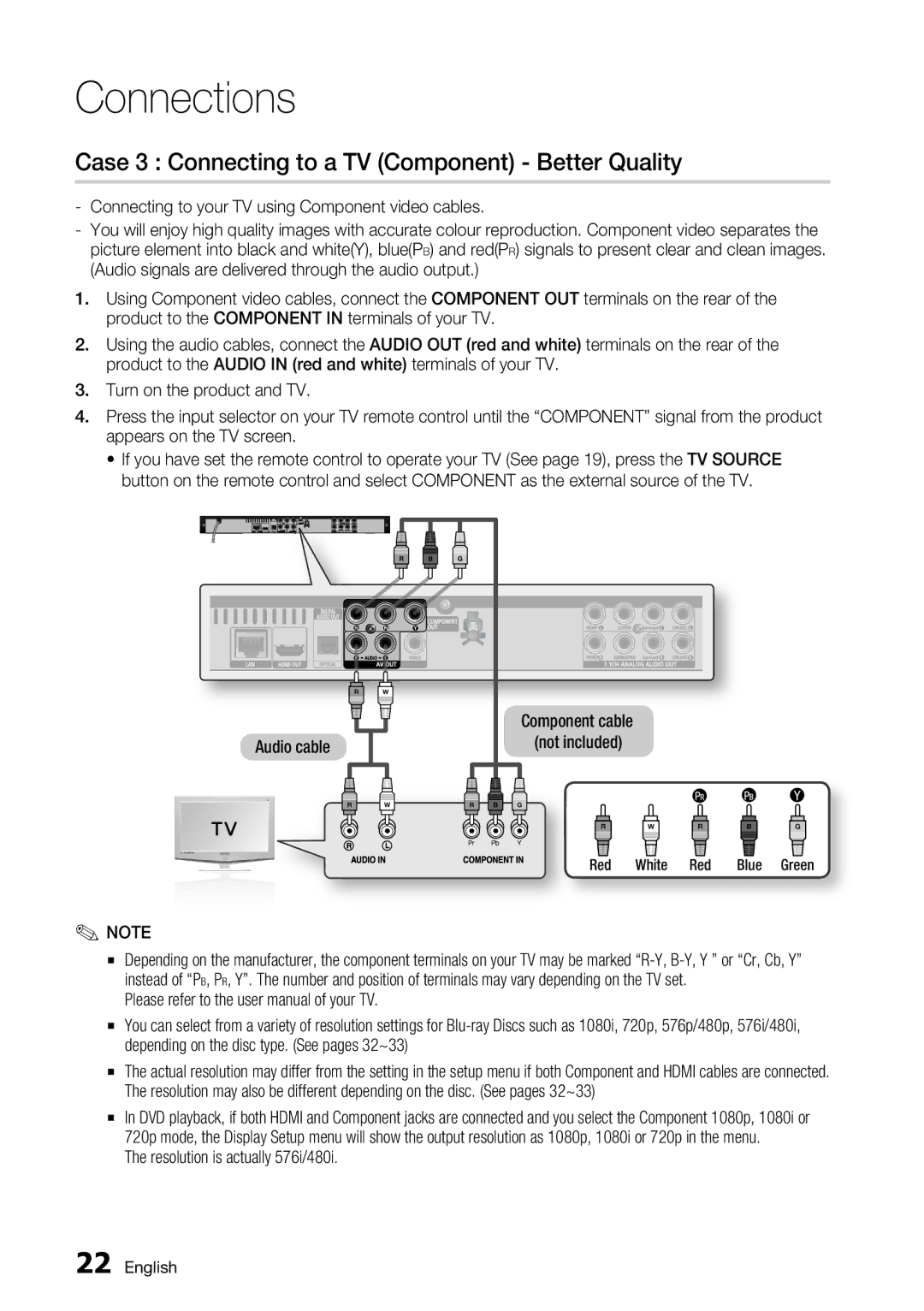 Samsung BD-C6800/EDC manual Case 3 Connecting to a TV Component Better Quality, Resolution is actually 576i/480i 