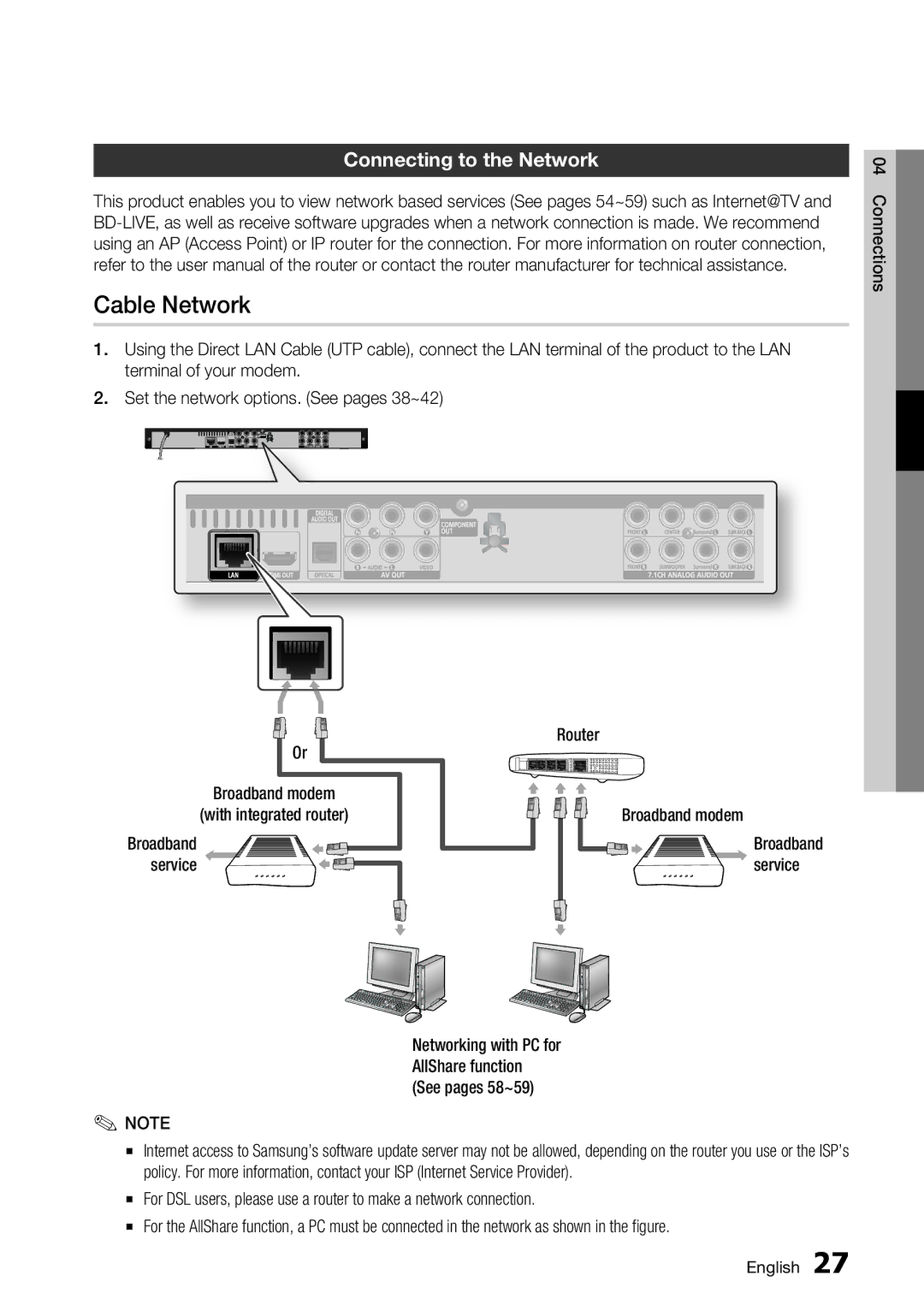 Samsung BD-C6800/EDC manual Cable Network, Connecting to the Network 