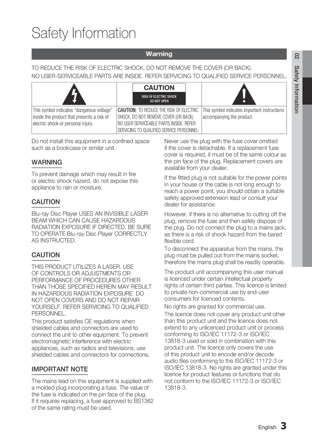 Samsung BD-C6800/EDC manual Safety Information, Important Note 