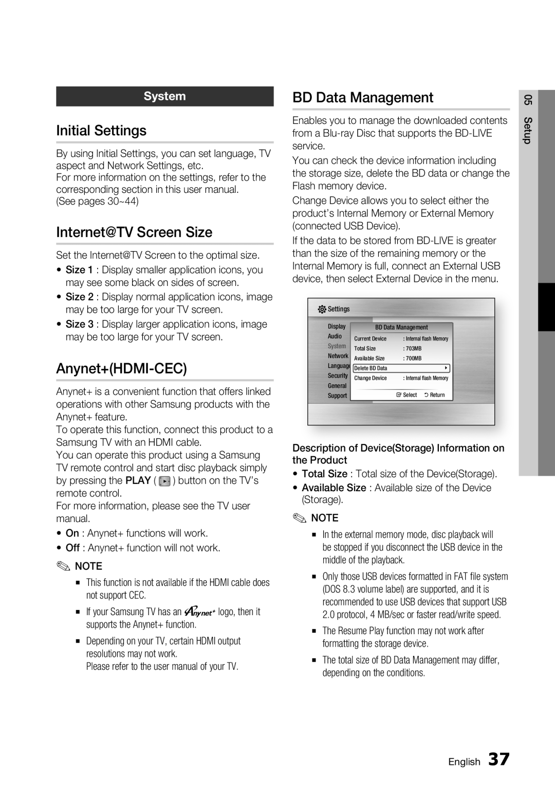 Samsung BD-C6800/EDC manual Initial Settings, Internet@TV Screen Size, Anynet+HDMI-CEC, BD Data Management, System 