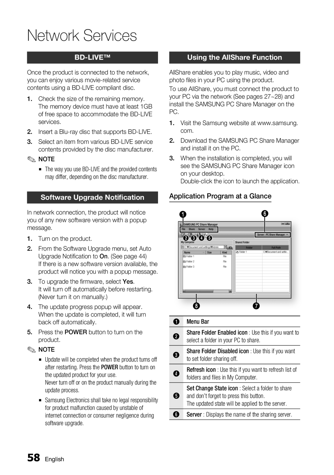 Samsung BD-C6800/EDC manual Using the AllShare Function, Application Program at a Glance 