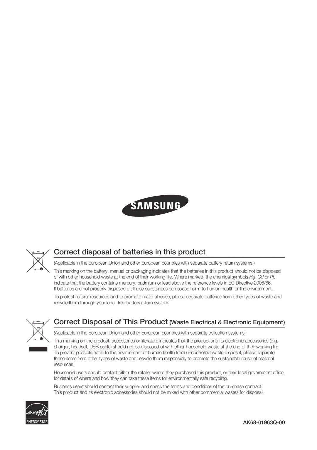 Samsung BD-C6800/EDC manual Correct disposal of batteries in this product 