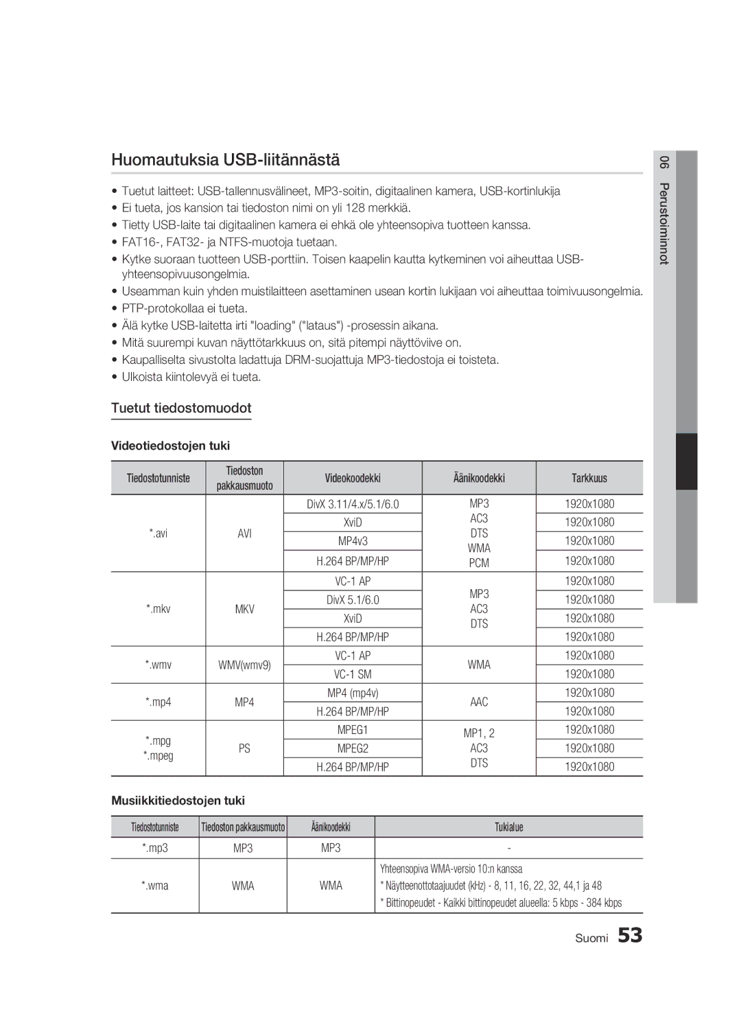 Samsung BD-C6800/XEE manual Huomautuksia USB-liitännästä, Tuetut tiedostomuodot, AC3, 264 BP/MP/HP, 1920x1080 