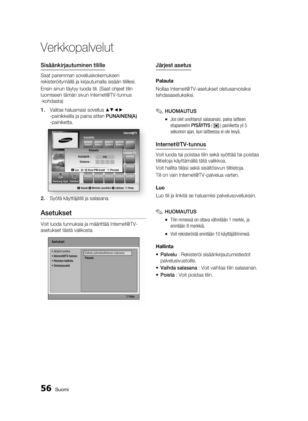 Samsung BD-C6800/XEE manual Asetukset, Sisäänkirjautuminen tilille, Järjest asetus, Internet@TV-tunnus 