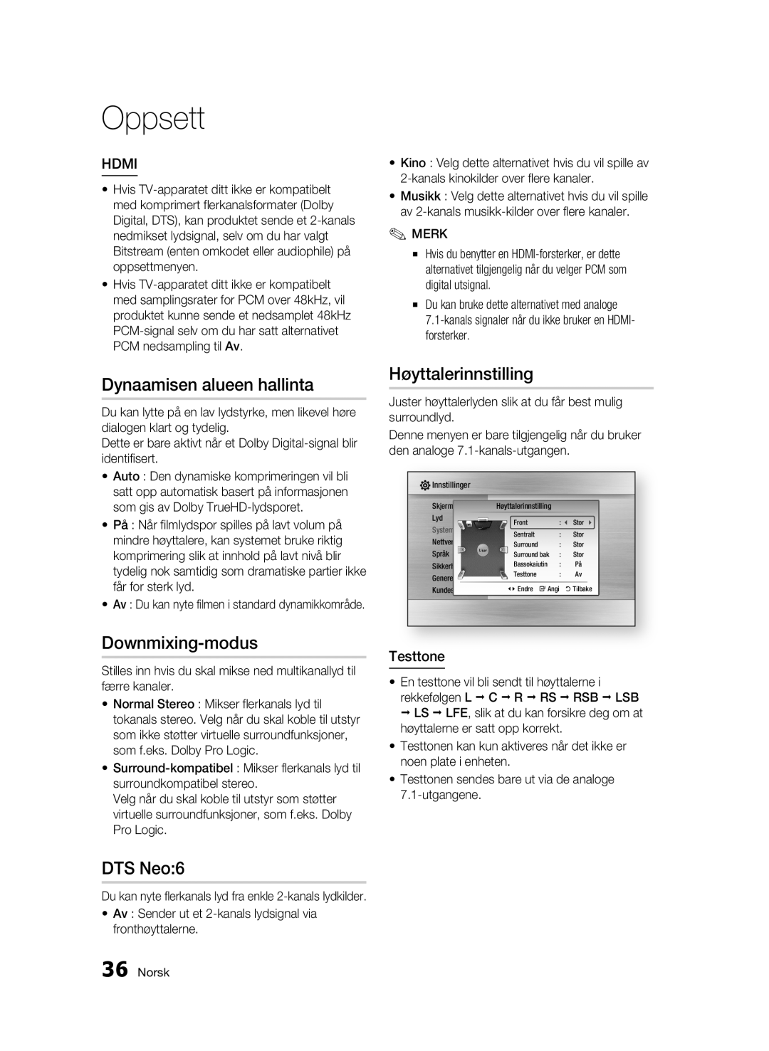 Samsung BD-C6800/XEE manual Dynaamisen alueen hallinta, Downmixing-modus, DTS Neo6, Høyttalerinnstilling, Testtone 