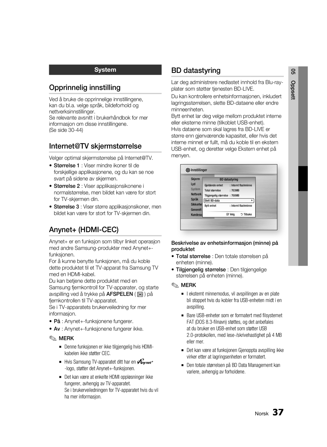 Samsung BD-C6800/XEE manual Opprinnelig innstilling, Internet@TV skjermstørrelse, Anynet+ HDMI-CEC, BD datastyring, System 