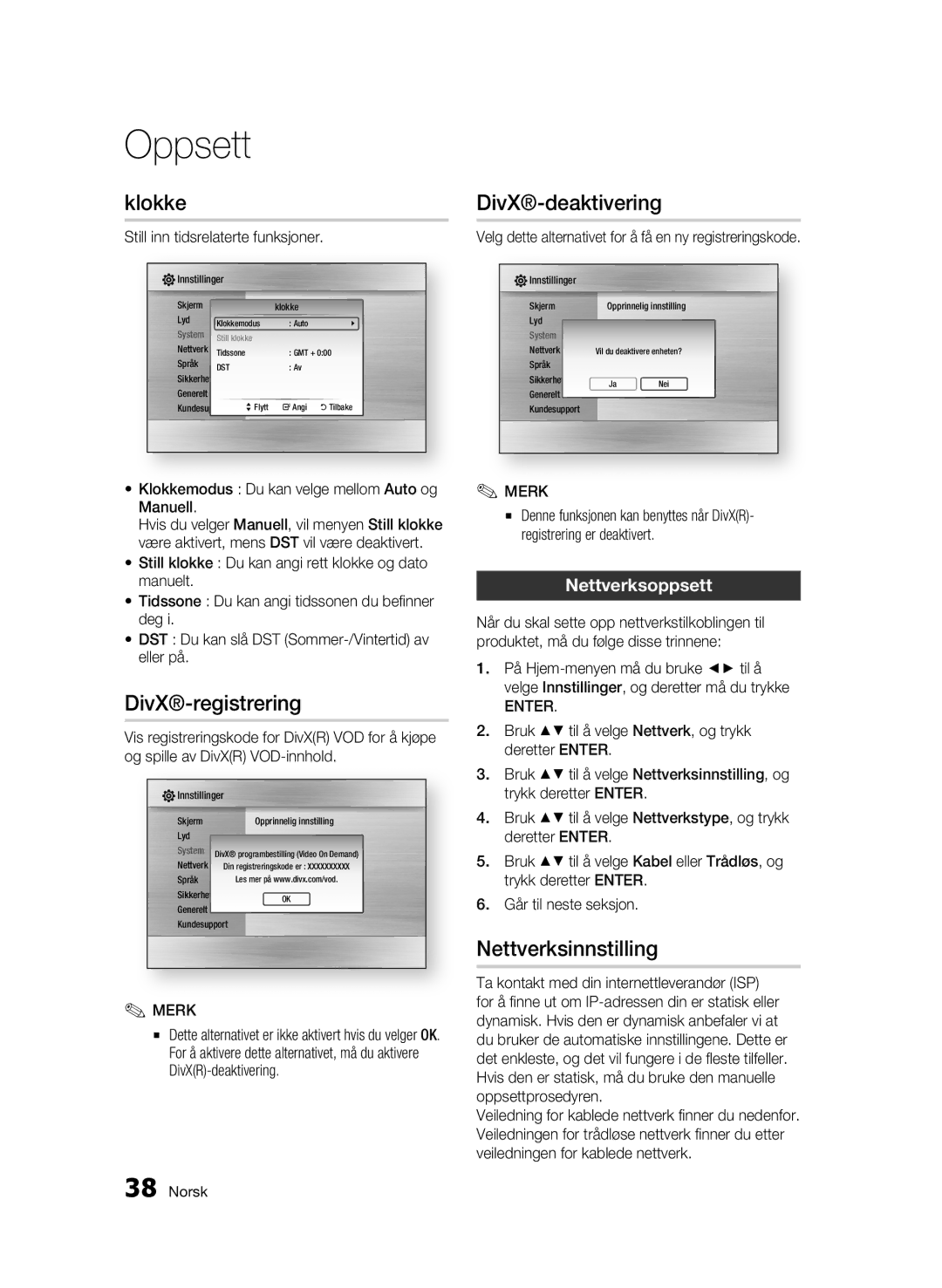 Samsung BD-C6800/XEE manual Klokke, DivX-registrering, DivX-deaktivering, Nettverksinnstilling, Nettverksoppsett 