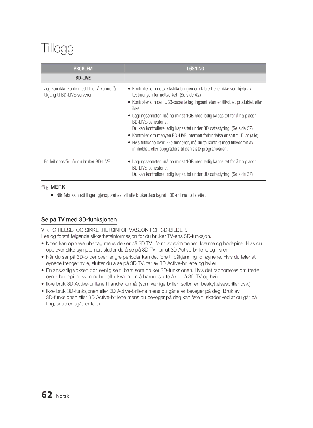 Samsung BD-C6800/XEE manual Se på TV med 3D-funksjonen, Ikke, BD-LIVE-tjenestene 