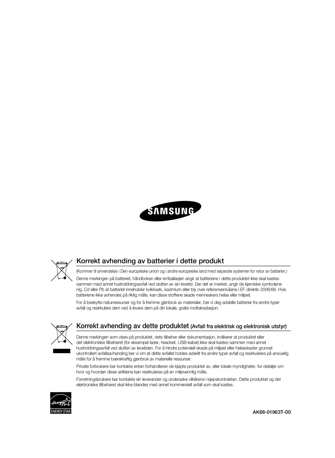 Samsung BD-C6800/XEE manual Korrekt avhending av batterier i dette produkt 