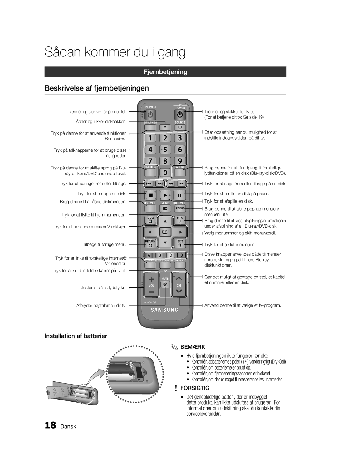 Samsung BD-C6800/XEE manual Beskrivelse af fjernbetjeningen, Fjernbetjening, Installation af batterier, Forsigtig 