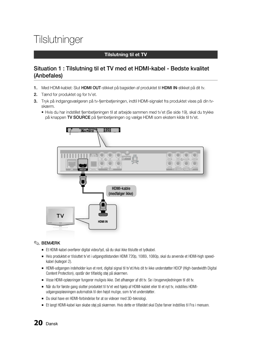 Samsung BD-C6800/XEE manual Tilslutninger, Tilslutning til et TV 