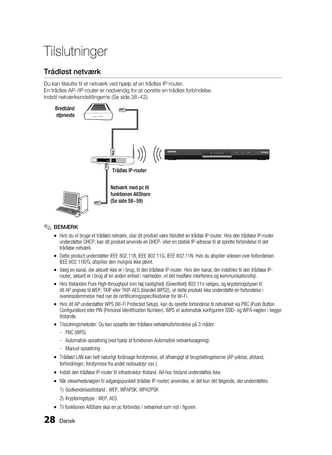 Samsung BD-C6800/XEE manual Trådløst netværk, Trådløs IP-router, Pbc Wps 