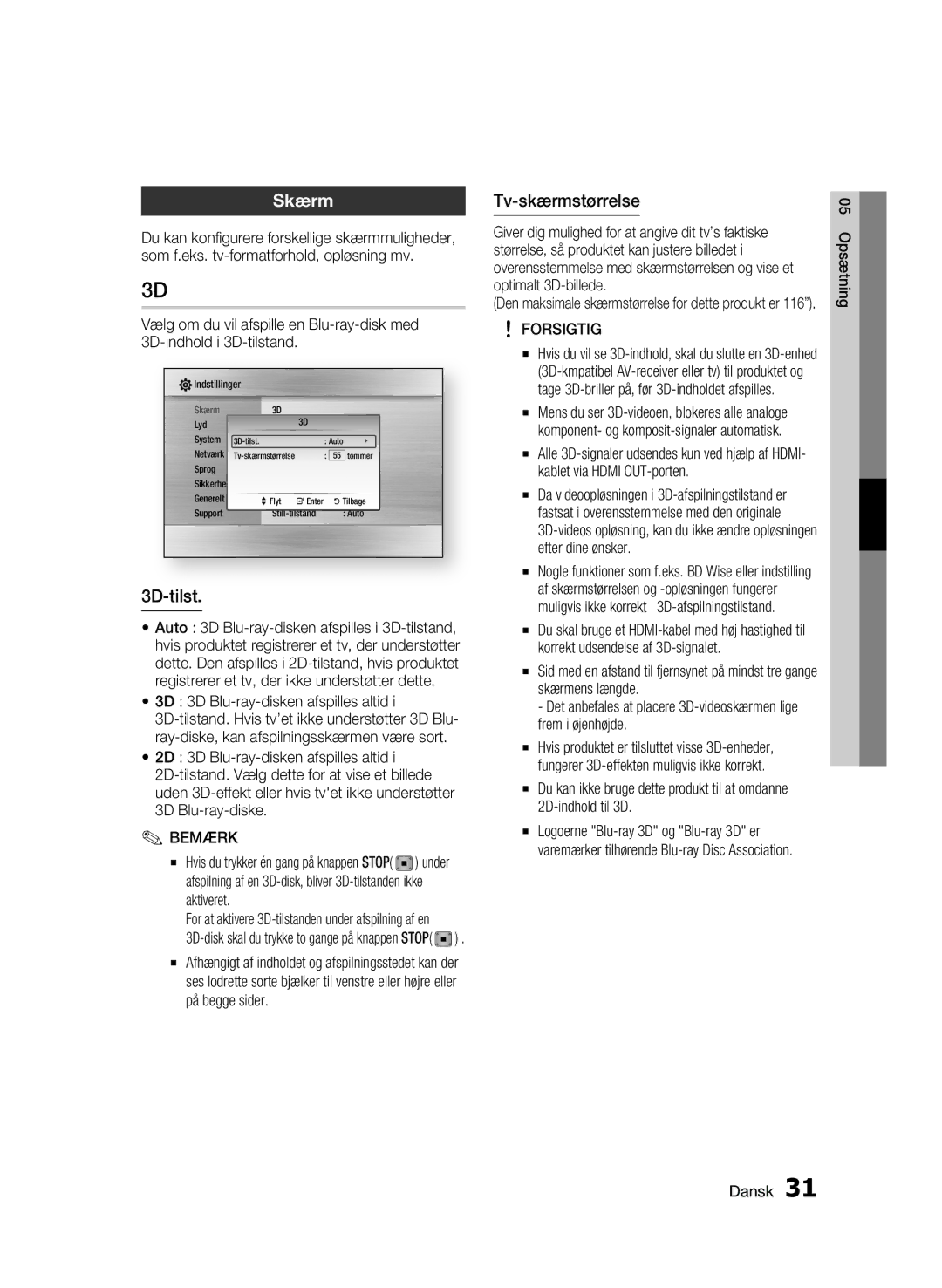 Samsung BD-C6800/XEE manual Skærm, 3D-tilst, Tv-skærmstørrelse, 3D 3D Blu-ray-disken afspilles altid, Aktiveret 