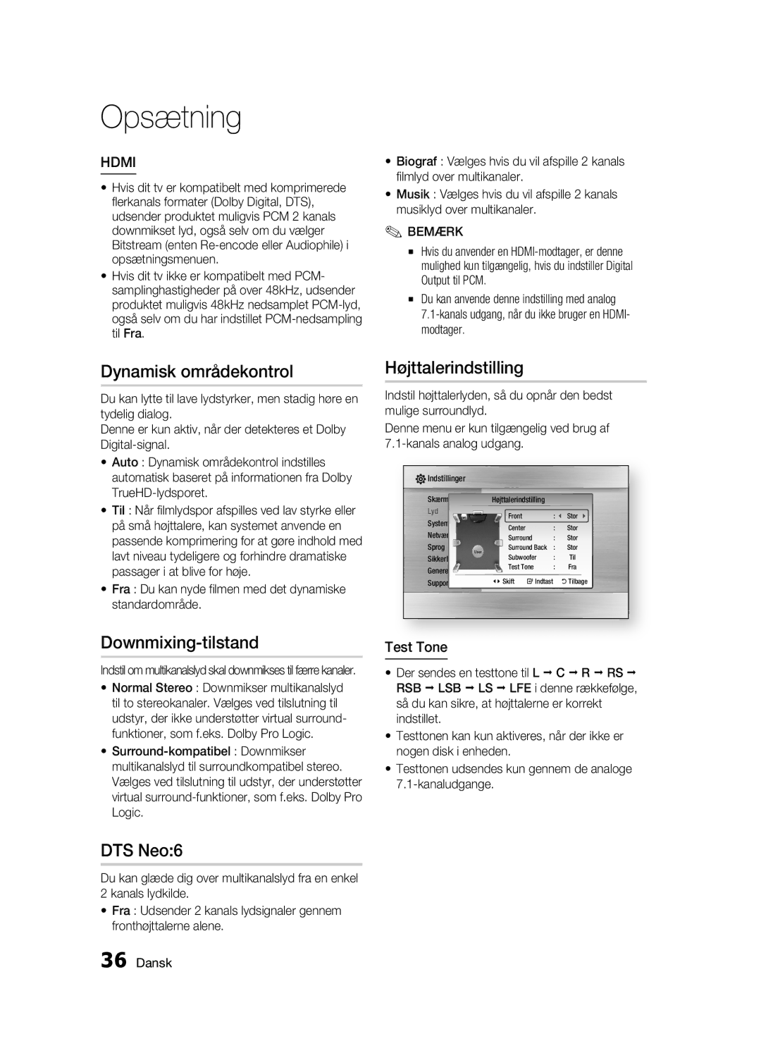 Samsung BD-C6800/XEE manual Dynamisk områdekontrol, Downmixing-tilstand, DTS Neo6, Højttalerindstilling, Test Tone 