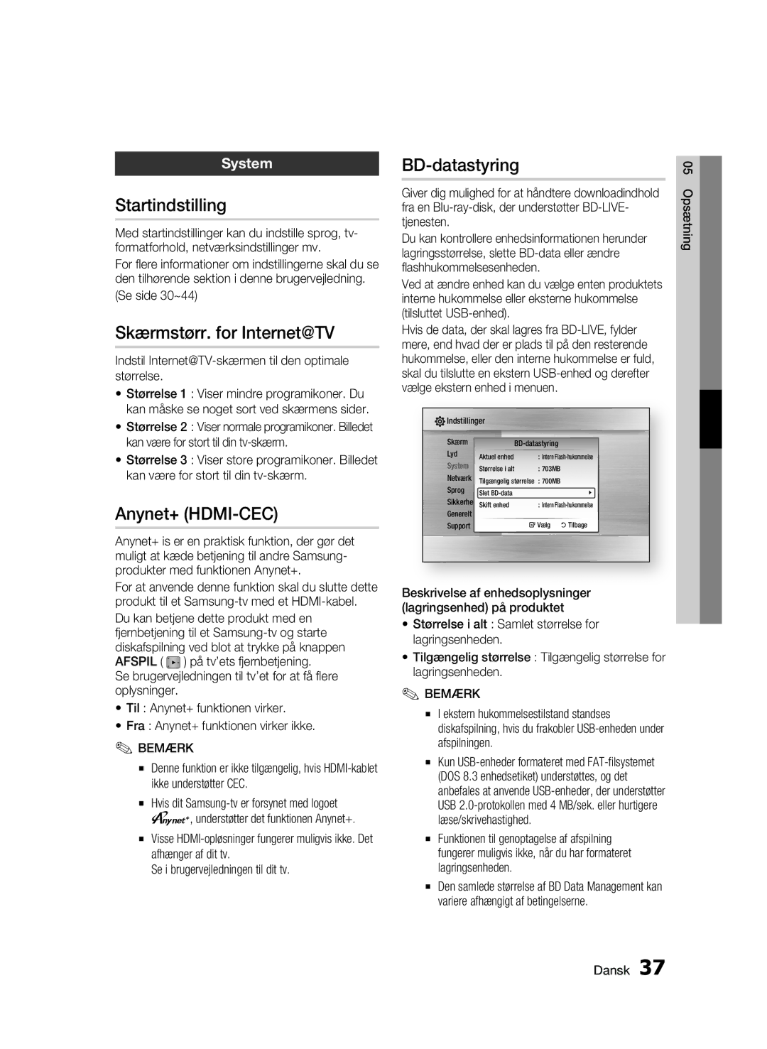 Samsung BD-C6800/XEE manual Startindstilling, Skærmstørr. for Internet@TV, Anynet+ HDMI-CEC, BD-datastyring, System 