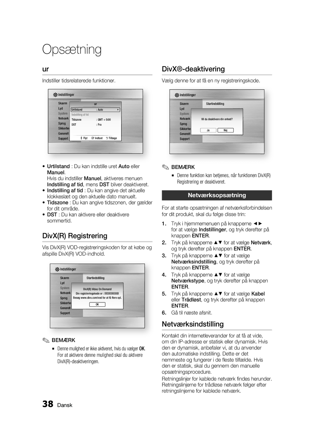 Samsung BD-C6800/XEE manual DivX-deaktivering, DivXR Registrering, Netværksindstilling, Netværksopsætning 