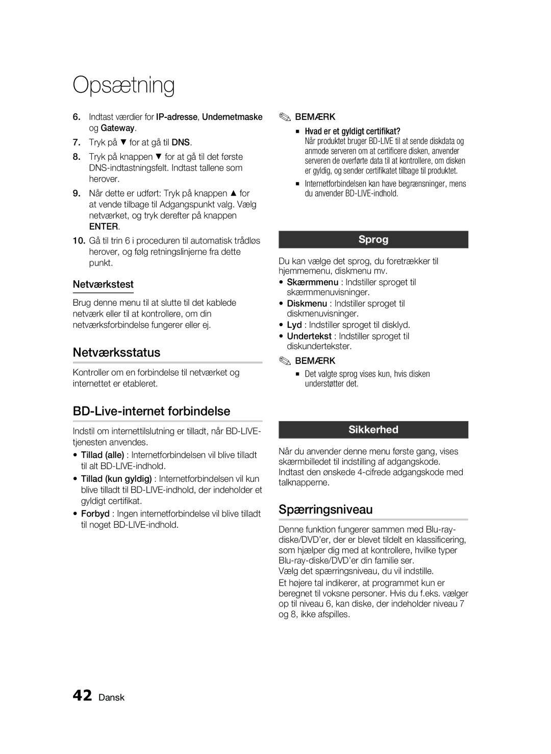 Samsung BD-C6800/XEE manual Netværksstatus, BD-Live-internet forbindelse, Spærringsniveau, Sprog, Sikkerhed 