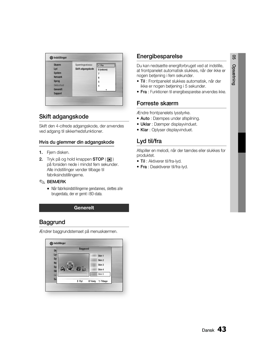 Samsung BD-C6800/XEE manual Skift adgangskode, Baggrund, Energibesparelse, Forreste skærm, Lyd til/fra 