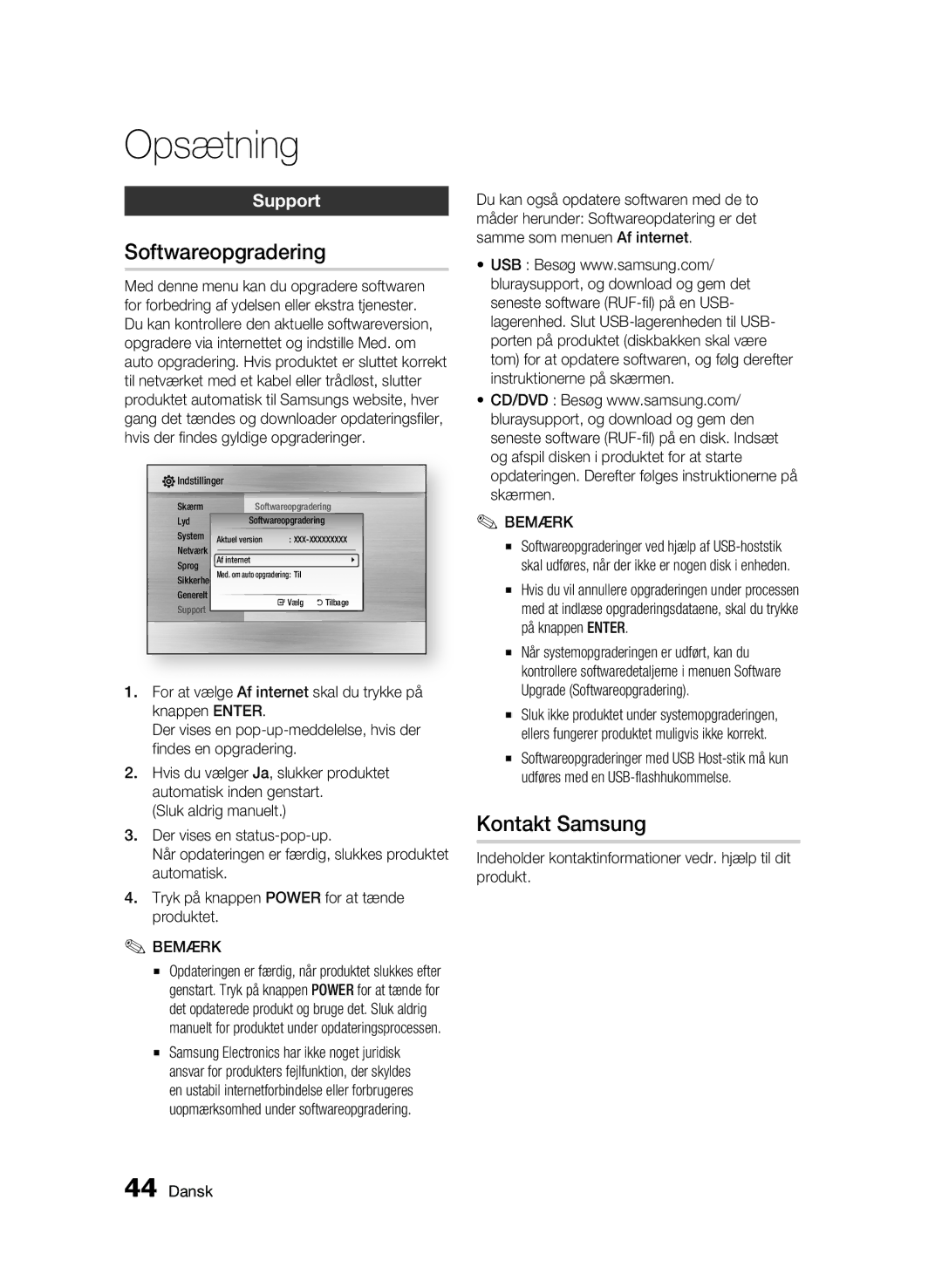 Samsung BD-C6800/XEE manual Softwareopgradering, Kontakt Samsung, Support 