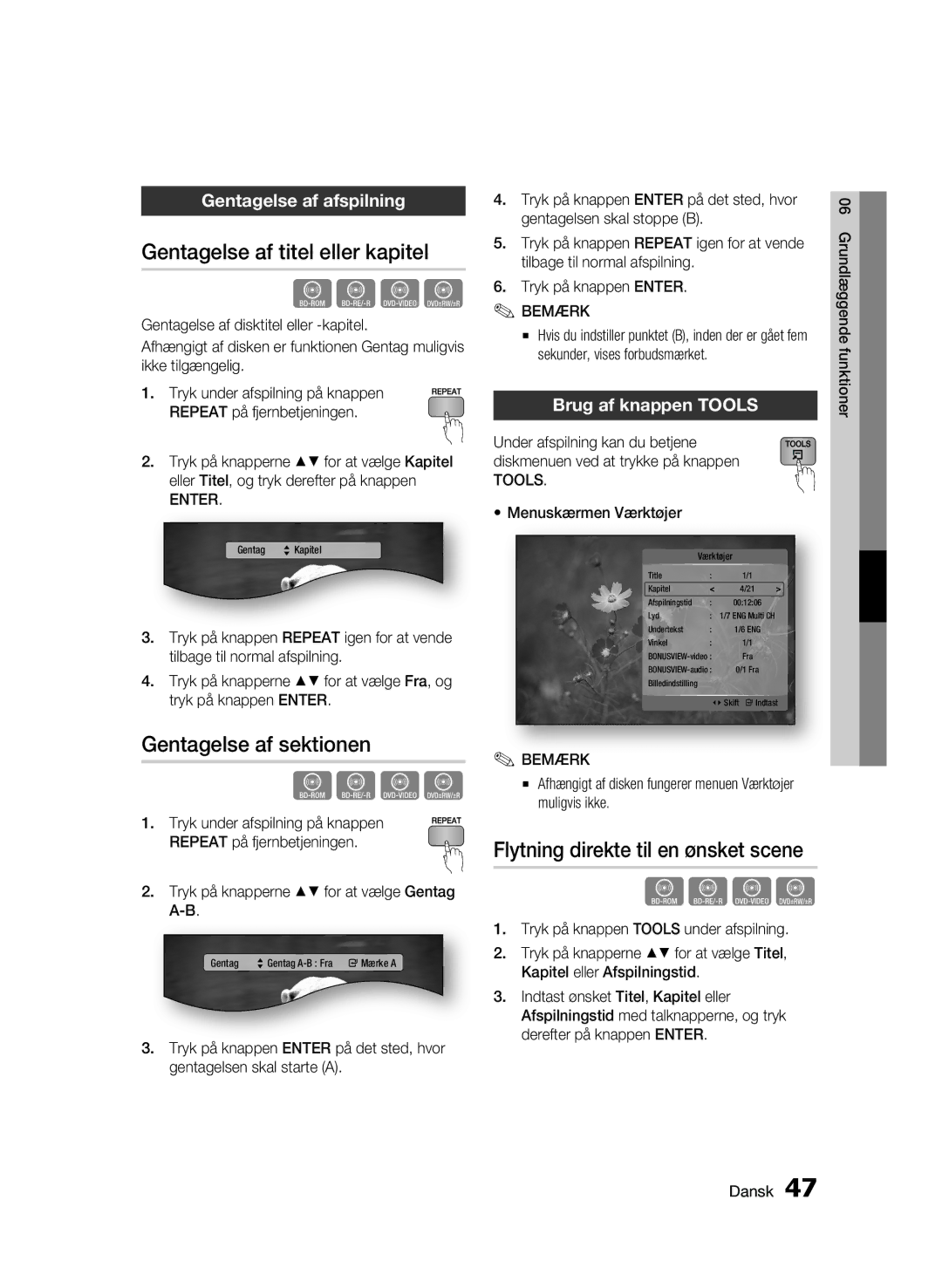 Samsung BD-C6800/XEE Gentagelse af titel eller kapitel, Gentagelse af sektionen, Flytning direkte til en ønsket scene 