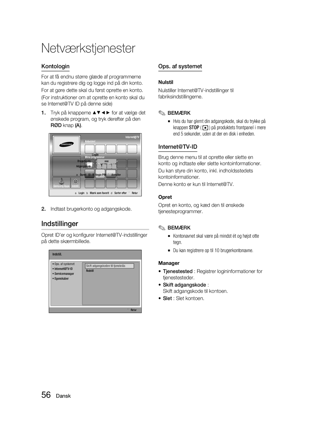 Samsung BD-C6800/XEE manual Indstillinger, Kontologin, Ops. af systemet, Internet@TV-ID 