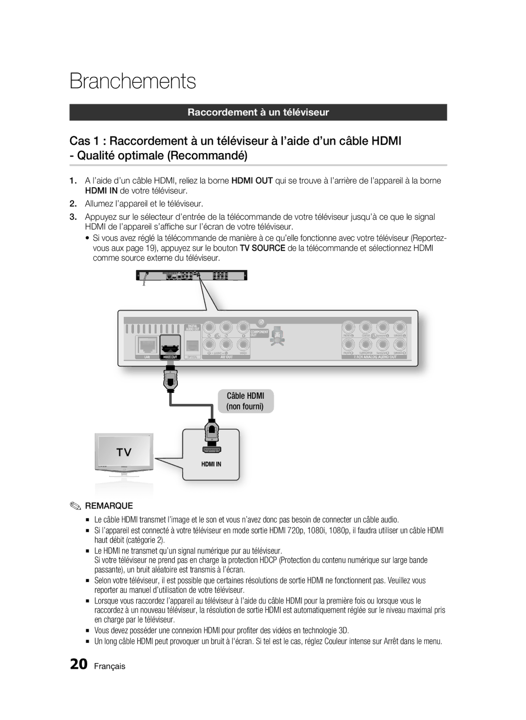 Samsung BD-C6800/XEF manual Branchements, Raccordement à un téléviseur 