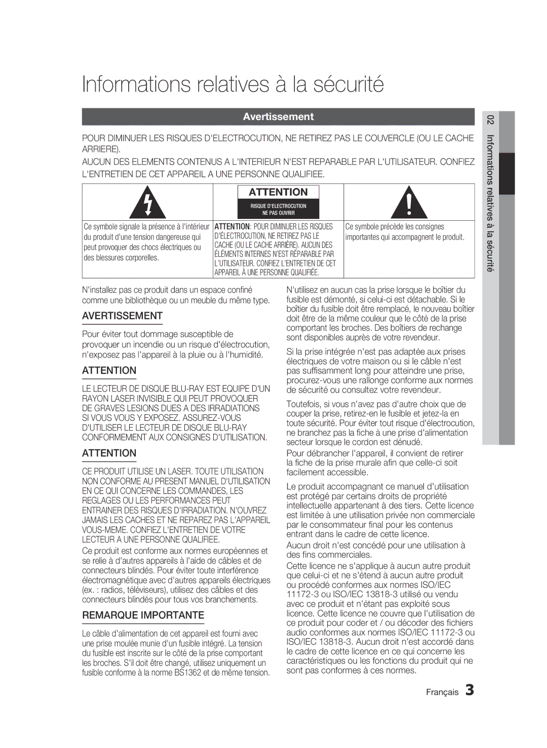 Samsung BD-C6800/XEF manual Informations relatives à la sécurité, Avertissement 