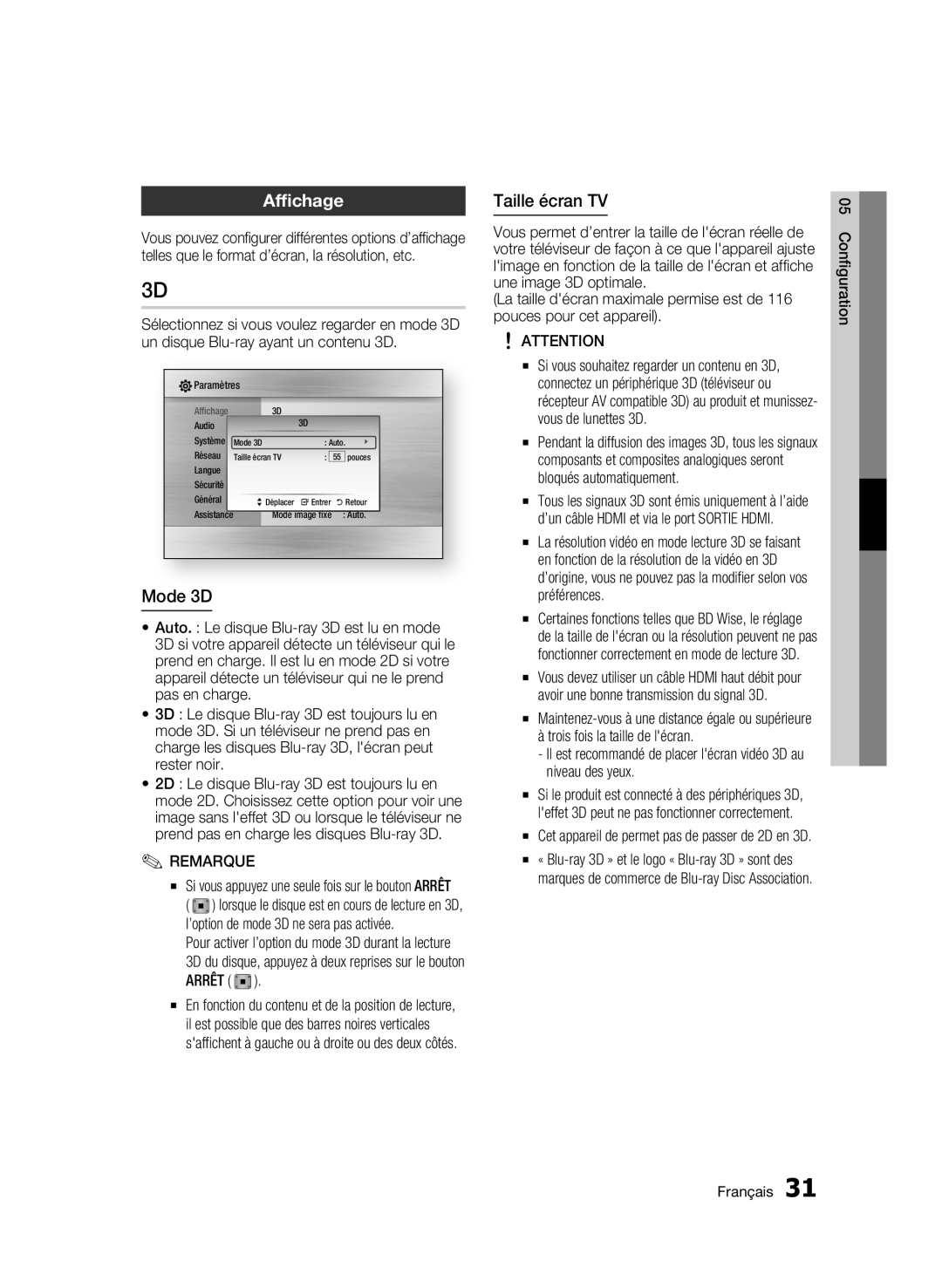 Samsung BD-C6800/XEF manual Affichage, Mode 3D, Taille écran TV 