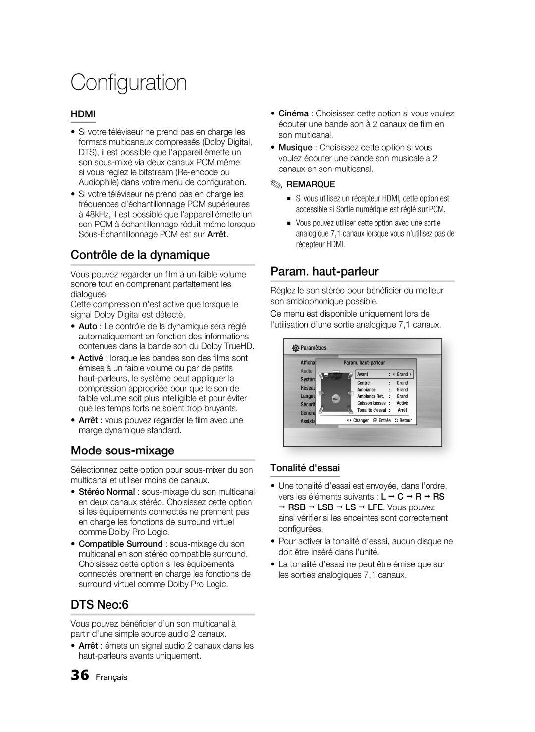 Samsung BD-C6800/XEF manual Contrôle de la dynamique, Mode sous-mixage, DTS Neo6, Param. haut-parleur, Tonalité dessai 