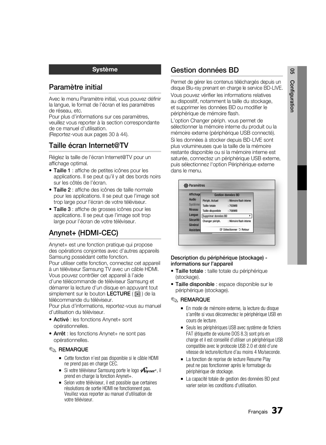 Samsung BD-C6800/XEF manual Paramètre initial, Taille écran Internet@TV, Anynet+ HDMI-CEC, Gestion données BD, Système 